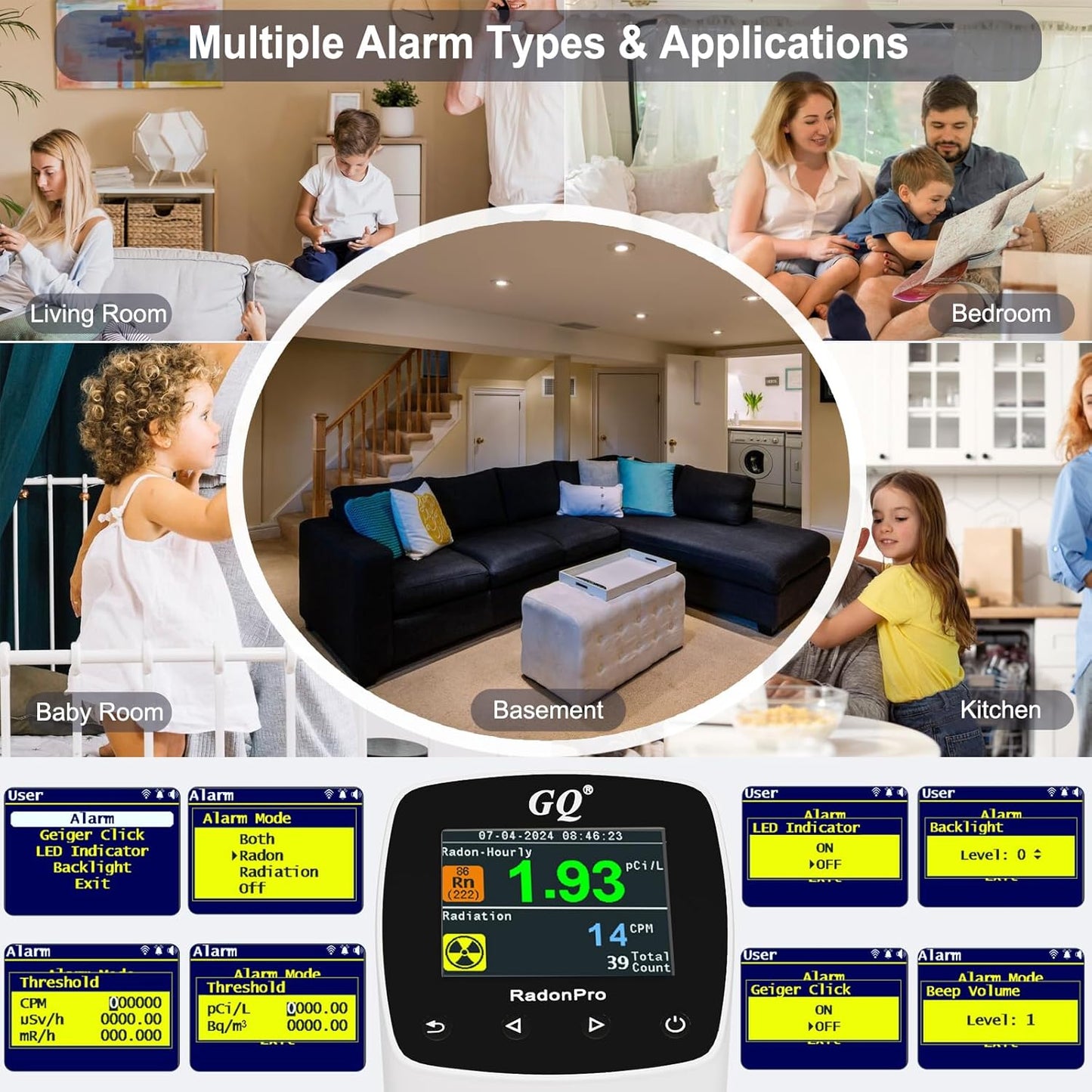 GQ Radon Detector Radon Pro 2-in-1 Radon Monitor Nuclear Radiation Detector Geiger Counter simultaneously Detection Fast Accurate Color Simple Display Made in USA