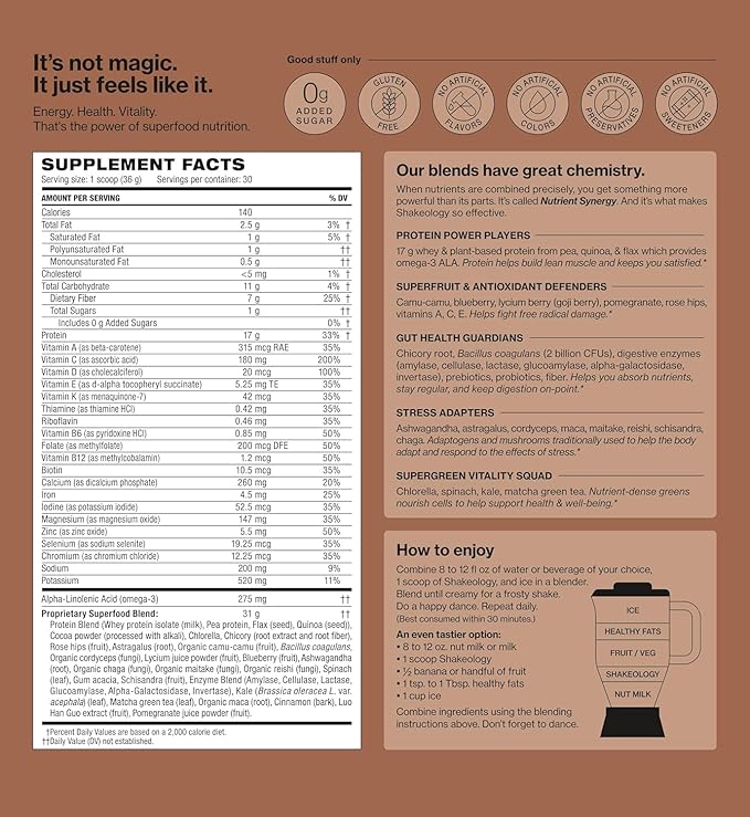 Shakeology 0g Added Sugar Whey Protein Powder Blend, Gluten-Free Shake with Vitamins and Minerals – Helps Support Healthy Weight Loss, Lean Muscle, Gut Health – Chocolate, 30 Servings