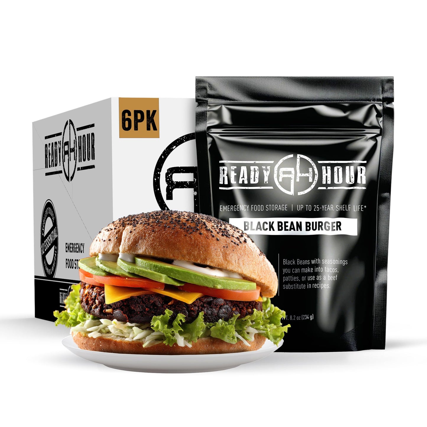 Ready Hour Black Bean Burger Mix Case Pack – 36 Servings (6 Pouches) – Emergency Vegetarian Food, Long Term Storage, Shelf-Stable Veggie Burger, Survival Food Mix