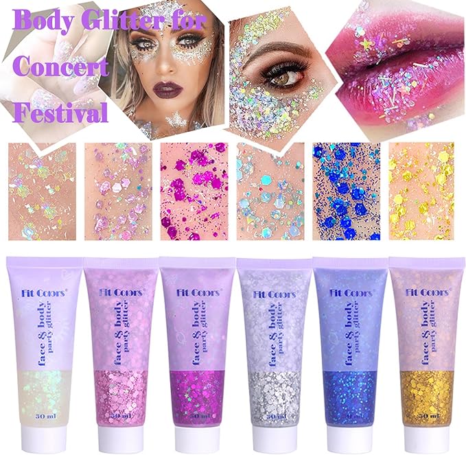 Body Glitter Face Glitter Gel: Singer Concerts Disco Festival Rave Accessories Face Glitter Makeup 150ml Chunky Sequins Mermaid Face Body Hair Glitter Gel (Red&White&Pink)