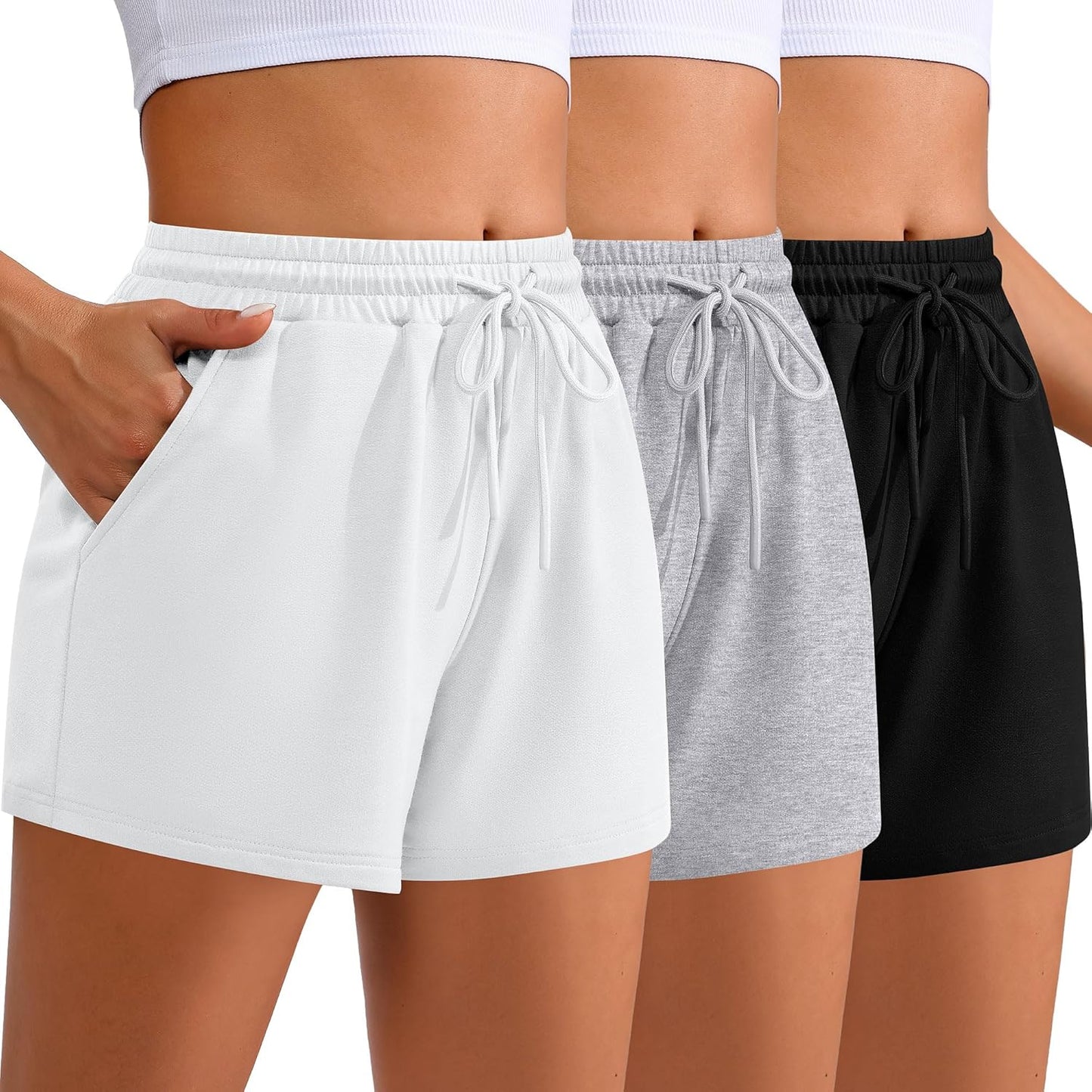 Women Sweat Shorts 3-Pack - High Waist Athletic Lounge Shorts with Pockets