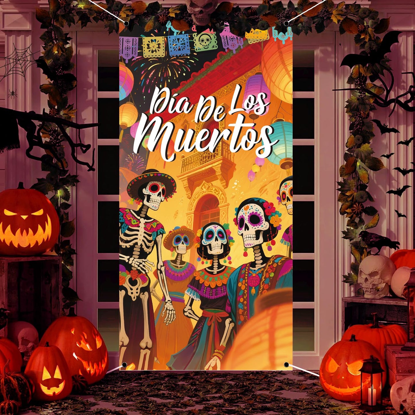 Day of The Dead Door Cover Sugar Skull Flowers Multi-colored 03