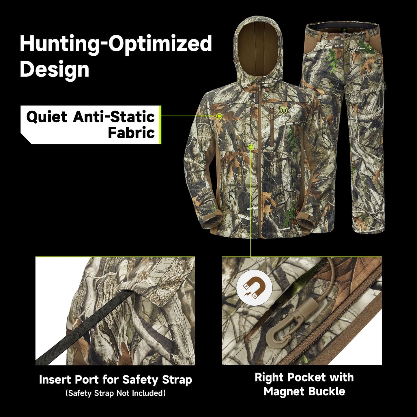 TIDEWE Hunting Clothes for Men with Fleece Lining, Safety Strap Compatible Water Resistant Silent Hunting Jacket and Pants