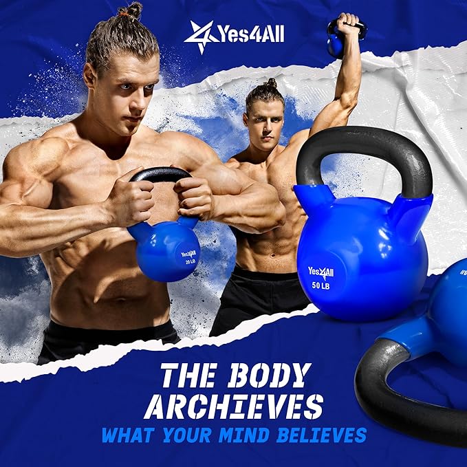 Yes4All 5-100 LB Kettlebells Vinyl Coated Cast Iron for Dumbbell Weights Exercises, Gym, Fitness, Full Body Workout Equipment Push up, Grip and Strength Training