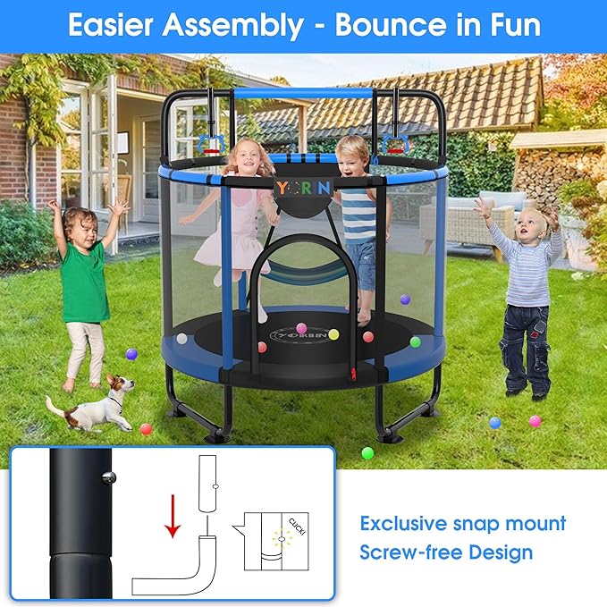 YORIN Trampoline for Kids 66'' 60'' 55'' Toddler Mini Small Trampoline Outdoor Indoor Trampoline W Basketball Hoop, Swing, Adjustable Gymnastics Bar, Gift for Baby, Toddlers & Kids