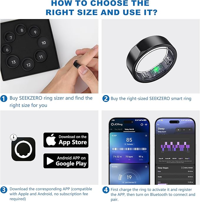 Smart Ring for Women Men - Titanium Health Fitness Tracker Ring with Heart Rate, Step Counting, Calories, Sleep & Stress Monitor for iPhone and Android, No Subscription Fee (Black, 6)