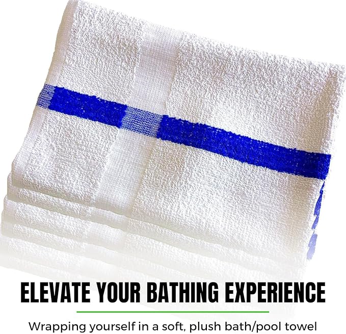 Towels N More 24x48 Soft Poolside Towels - 12 Large Super Absorbent Pool Towel White and Blue Center Stripe - Ideal for Home, Pool, Spa, Gym, Hotel, Motel Rental Room Use - 100% Cotton Bath Towels