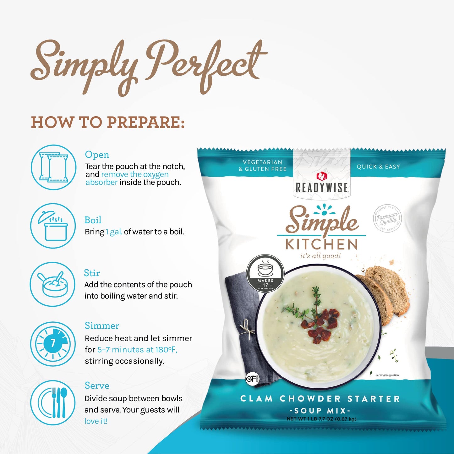 READYWISE - Simple Kitchen, Tomato Basil Soup, 17 Servings, MRE, Gluten Free, & Vegetarian, Food, Soup Mix, for Events, Hiking, Emergency Food Supply, Camping Essentials, or Daily Use, 1 Pack