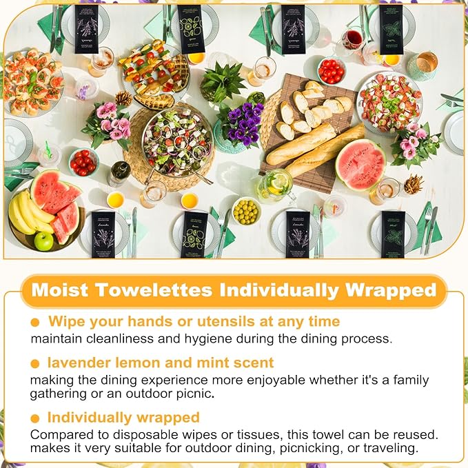 Moist Cotton Towel Bulk Moist Towelettes Individually Wrapped 8.7" x 8.7",White Towel Services,Refreshment Pre Moistened Towels Lavender, Lemon and Mint for Sport Party Spa （pack of 150)
