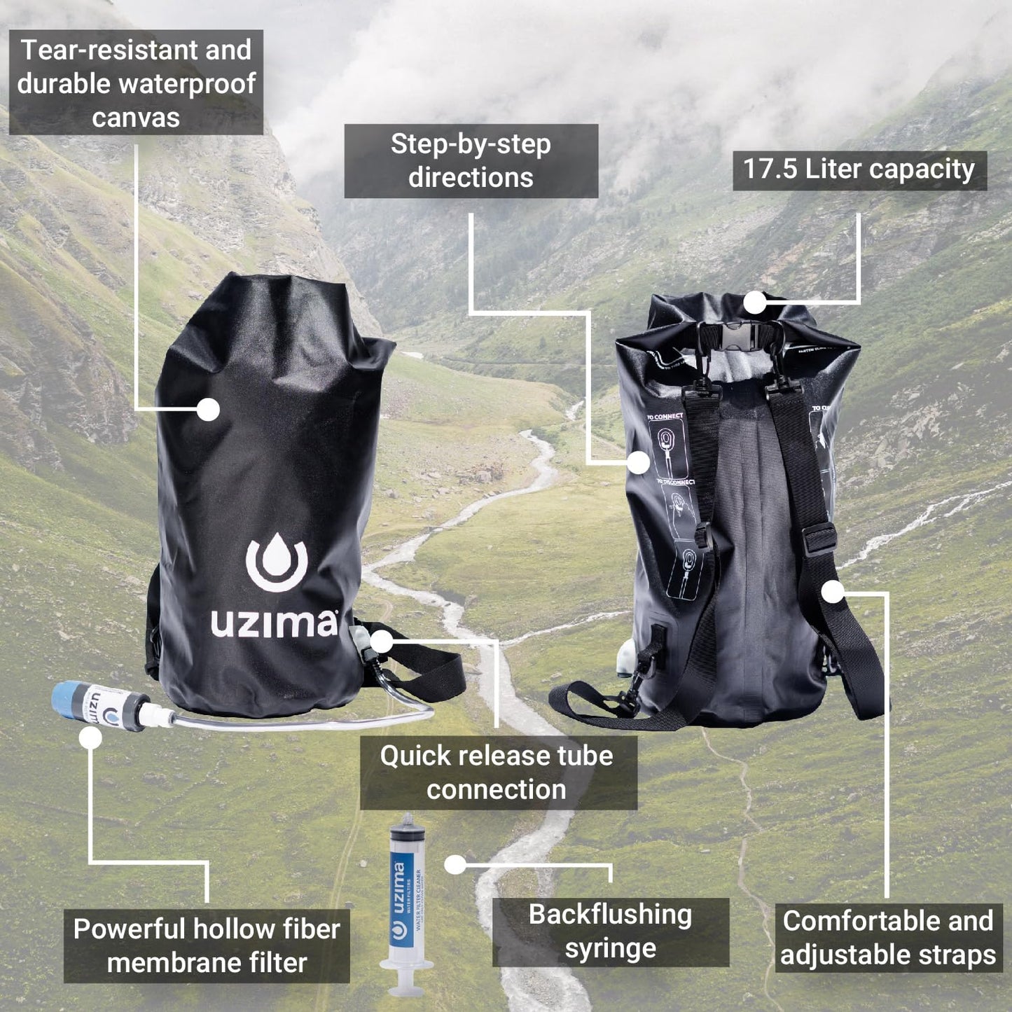 Uzima UZ-BP Backpack System- Gravity Water Bag That Provides Collection, Storage, Filtration, and Transportation All in One: 17.5L Capacity. WHO Certified Backpacking Water Filtration System.