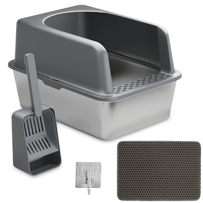 Enclosed Stainless Steel Cat Litter Box with Lid - 20L