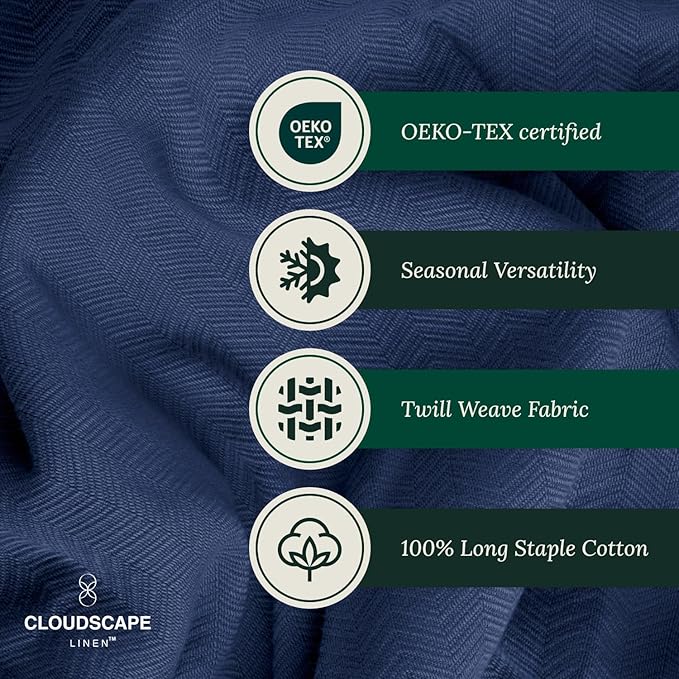 Cloud Scape Linen 100% Cotton Queen Size Blanket, Herringbone Pattern, Lightweight Summer Blanket,Best Gifts for Women, fits Full Size Bed, 92 x 92, Ensign Blue