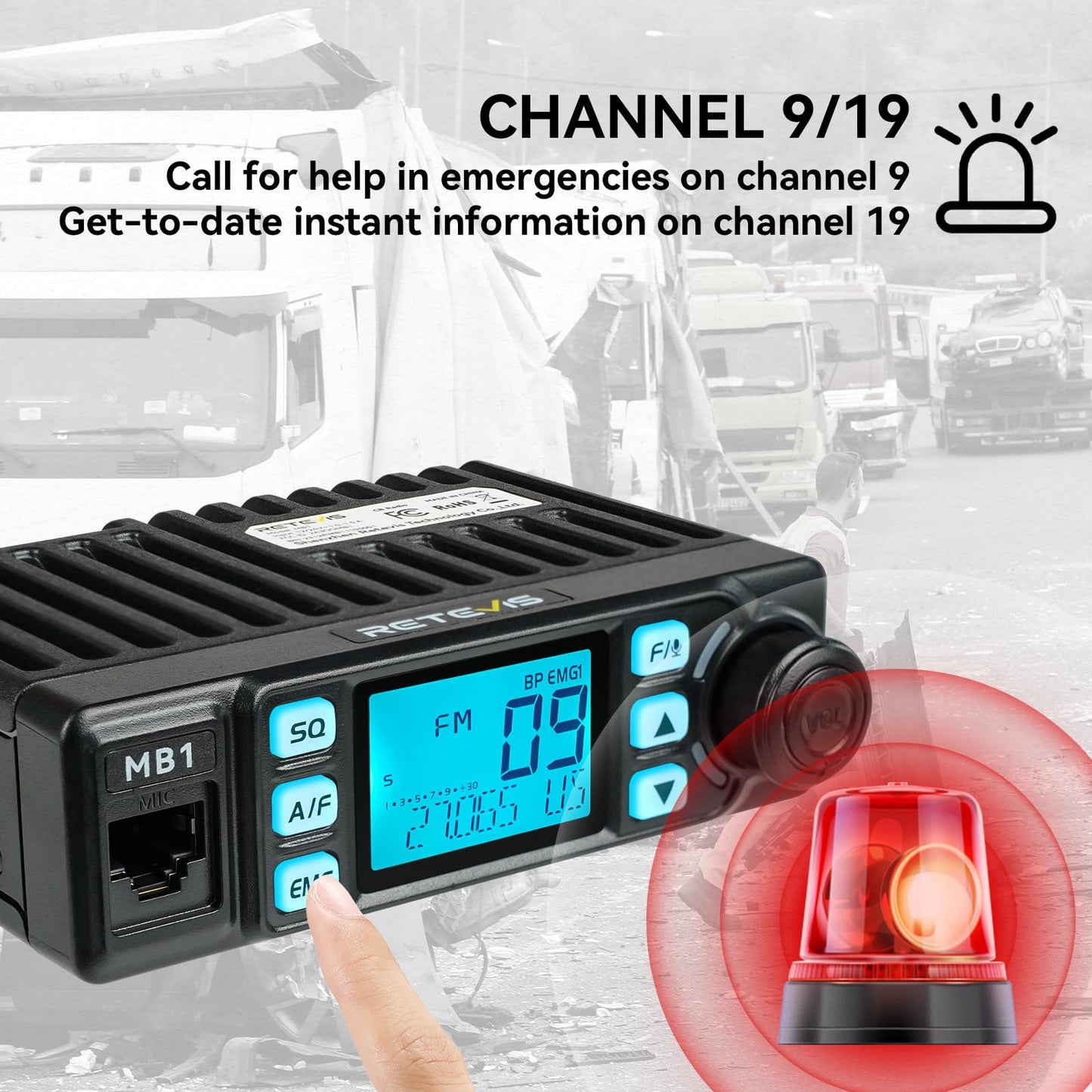 Retevis MB1 40 Channel CB Radio, Noise Cancellation Long Range Mobile Radio, with CB Antenna and Cigarette Lighter, Emergency Channel 9/19, 7-Color Screen, Auto-Scan, External Speaker Jack for Trucker