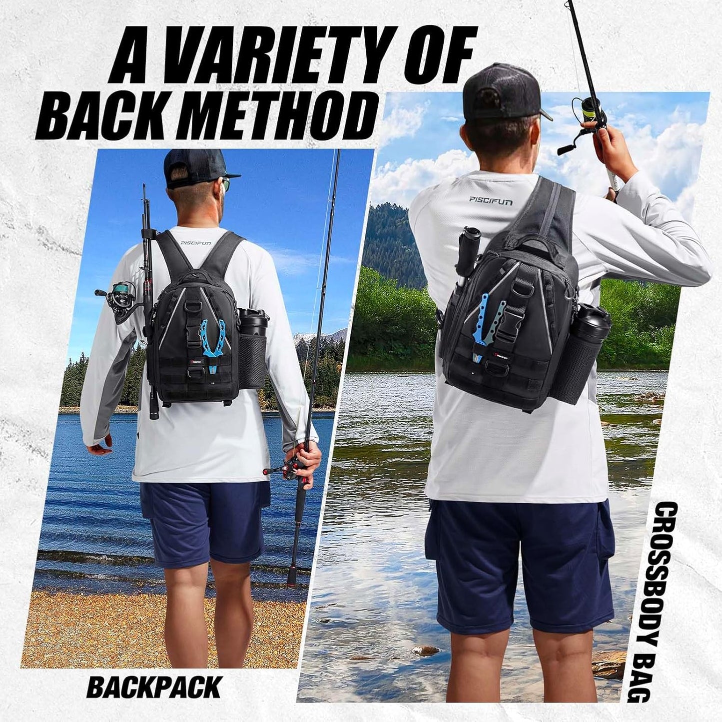 Piscifun Fishing Backpack with Rod Holder, Lightweight Sling Bag Storge Gear and Equipment
