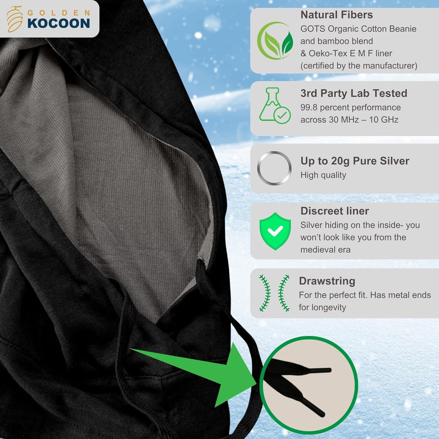 EMF Hood- Organic Cotton & Bamboo Viscose outter, with EcoShield™ Bamboo Lyocell Fara-Day Silver Liner - Cover Head & Neck - Ideal for Everyday 5 G, B T, Smart Meter & Wi Fi environments- Hat Cap