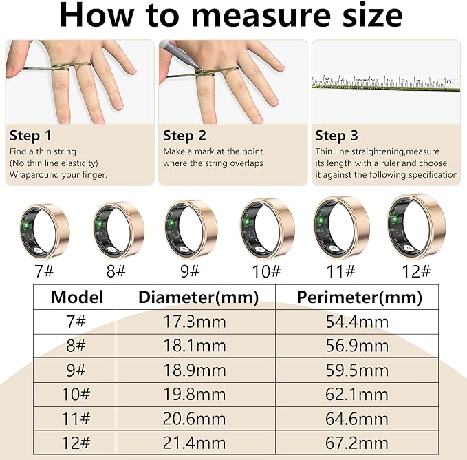 Thin Smart Ring for Fitness & Health Tracking -Pedometer,Sleep/Heart Rate/Blood Oxygen Monitor, Gesture Control / 5ATM Waterproof -No APP Subscription Compatible with Android& iOS (Rose Gold, 11)