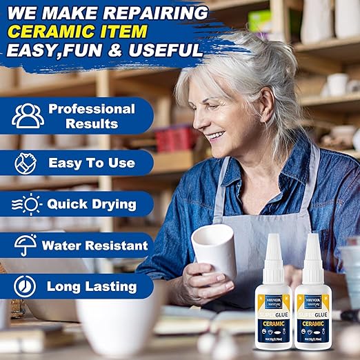 Ceramic Glue Repair Kit, 100g - Super Glue for Porcelain and Pottery, Cyanoacrylate for Mug, Figurines, Dishes, Plates, Teapot - Waterproof, No Smell