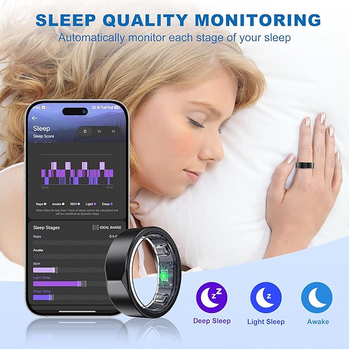 Smart Ring for Women Men - Titanium Health Fitness Tracker Ring with Heart Rate, Step Counting, Calories, Sleep & Stress Monitor for iPhone and Android, No Subscription Fee (Black, 9)