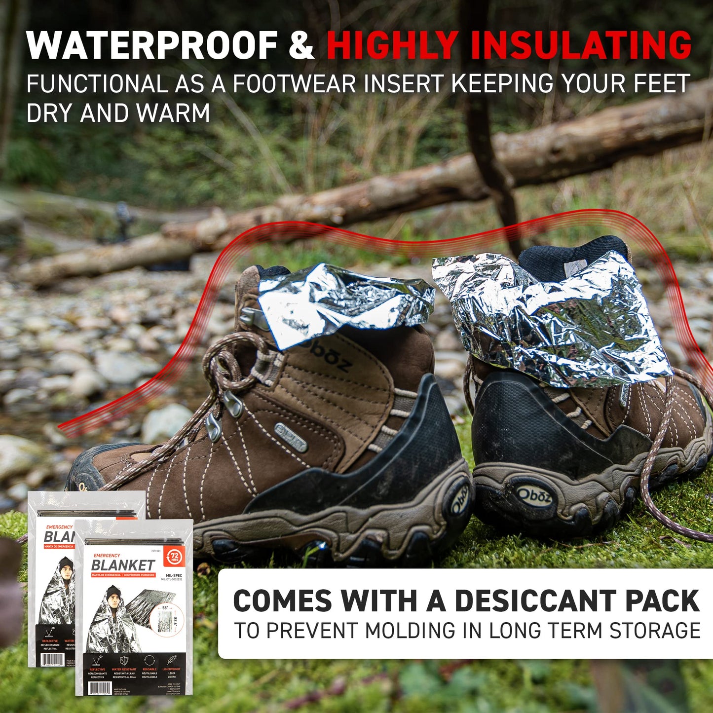 72 HRS Large Emergency Mylar Space Blankets 4-Pack, MIL-SPEC 54″ × 88″ Thermal Survival Foil – Retains 90% Body Heat, Waterproof Reflective Blanket for Camping, Hiking, Marathon, First Aid