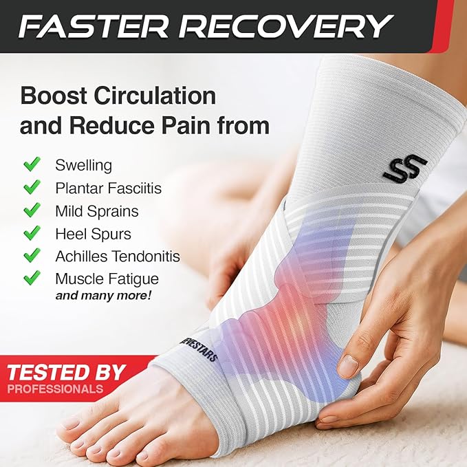 Sleeve Stars Ankle Brace for Women & Men, Ankle Wrap for Sprained Ankle, Compression Sleeve for Plantar Fasciitis Relief, Easy Customizable Support: w/Removable Strap (Single/L:12"-13"/White)