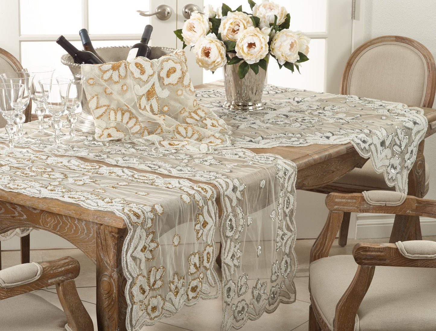 Fennco Styles Hand-Beaded Floral Table Runner - 16"x72" - 2 Colors