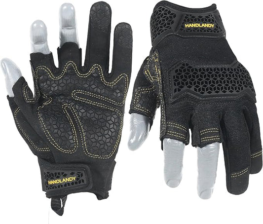 HANDLANDY Fingerless Framer Work Gloves for Men, Utility Grip Paded Gloves for Tactical Shooting Airsoft Hunting Driving (Black- 3 Fingerless, Large (Pack of 1))