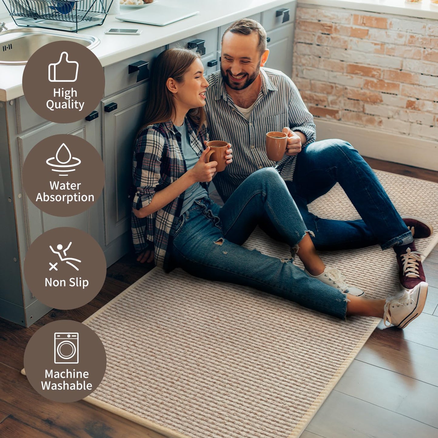 AMOAMI Kitchen Runner Rug 20x70 Non Slip Washable Absorbent Light Tan