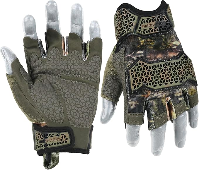 HANDLANDY Fingerless Work Gloves for Men, Padded Impact Tactical Mechanics Gloves, Grip Utility Trucker Driver Gloves (Camo- impact, Large (Pack of 1))