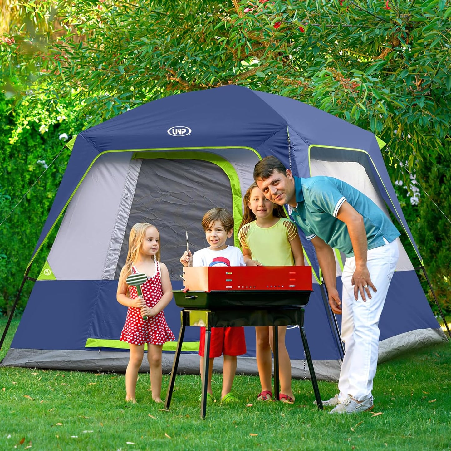 UNP 4 Person Camping Dome and Cabin Tent Easy Set Up, Waterproof with Top Rainfly for Outdoor Camping/Hiking