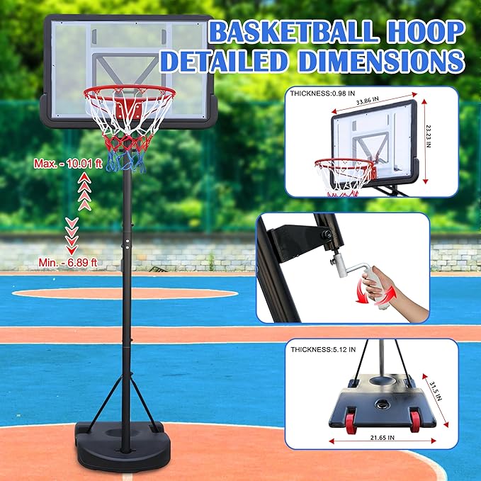 Portable Basketball Hoop with Stable Base, Basketball Hoop Goal System for Teens Adults, Heavy-Duty Steel, Adjustable Height, Easy to Move, Outdoor & Indoor Use