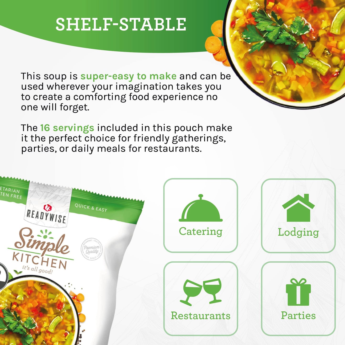 READYWISE - Simple Kitchen, Tomato Basil Soup, 17 Servings, MRE, Gluten Free, & Vegetarian, Food, Soup Mix, for Events, Hiking, Emergency Food Supply, Camping Essentials, or Daily Use, 1 Pack