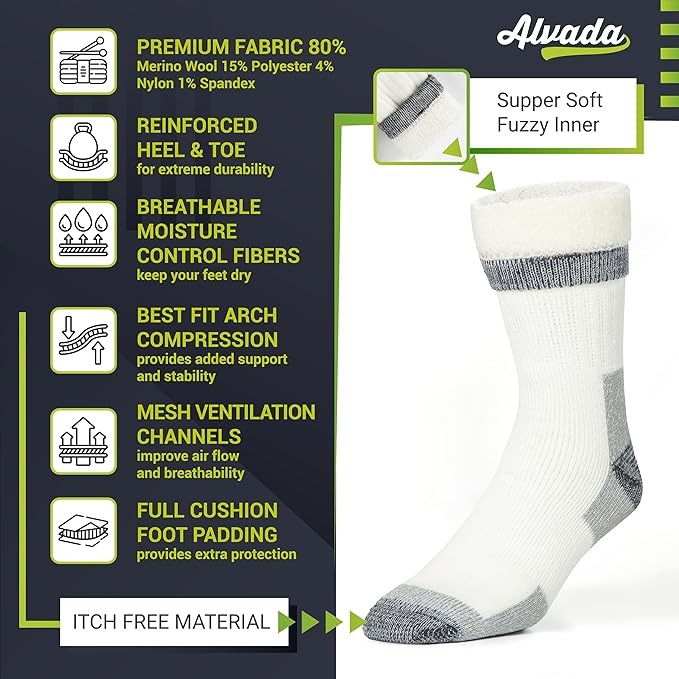 Alvada Merino Wool Hiking Socks Thermal Warm Crew Winter Boot Sock For Men & Women 3 Pairs