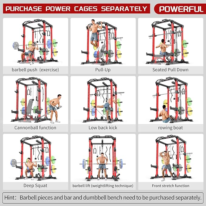 Power Cages Multi-Purpose Squat Rack with Cable Crossover System, Matching Weight Bench, Olympic Barbell Weight Set for Garage and Home Gyms