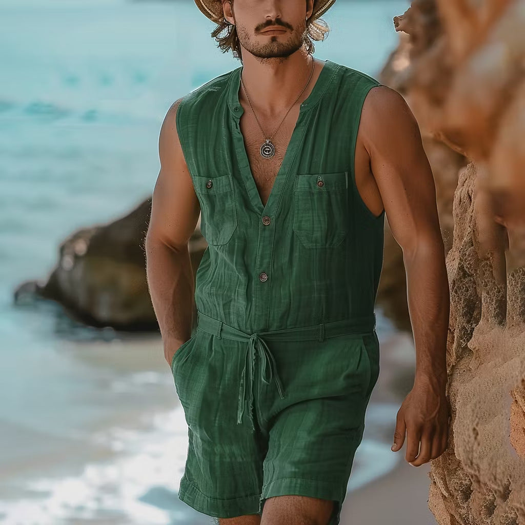 SpringSummer Mens Sleeveless Vest And Drawstring Shorts Set For Beach Outdoor Wear