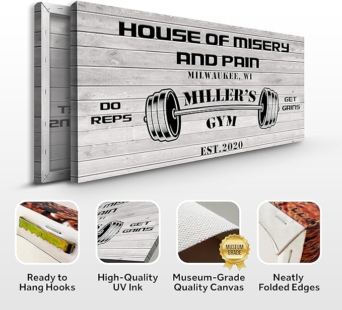 Tailored Canvases Personalized Gym Sign Wall Art Decor - Motivational Canvas for Home Gym, Workout Room, Garage, Fitness Center - Workout Inspirational Posters - House of Misery and Pain, White Wood 60x30in
