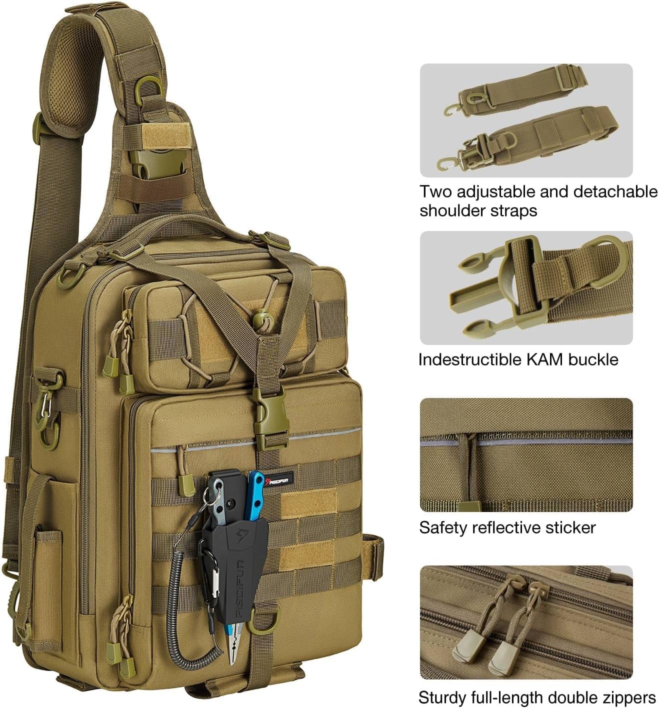 Piscifun Fishing Backpack with Rod Holder, Lightweight Sling Bag Storge Gear and Equipment