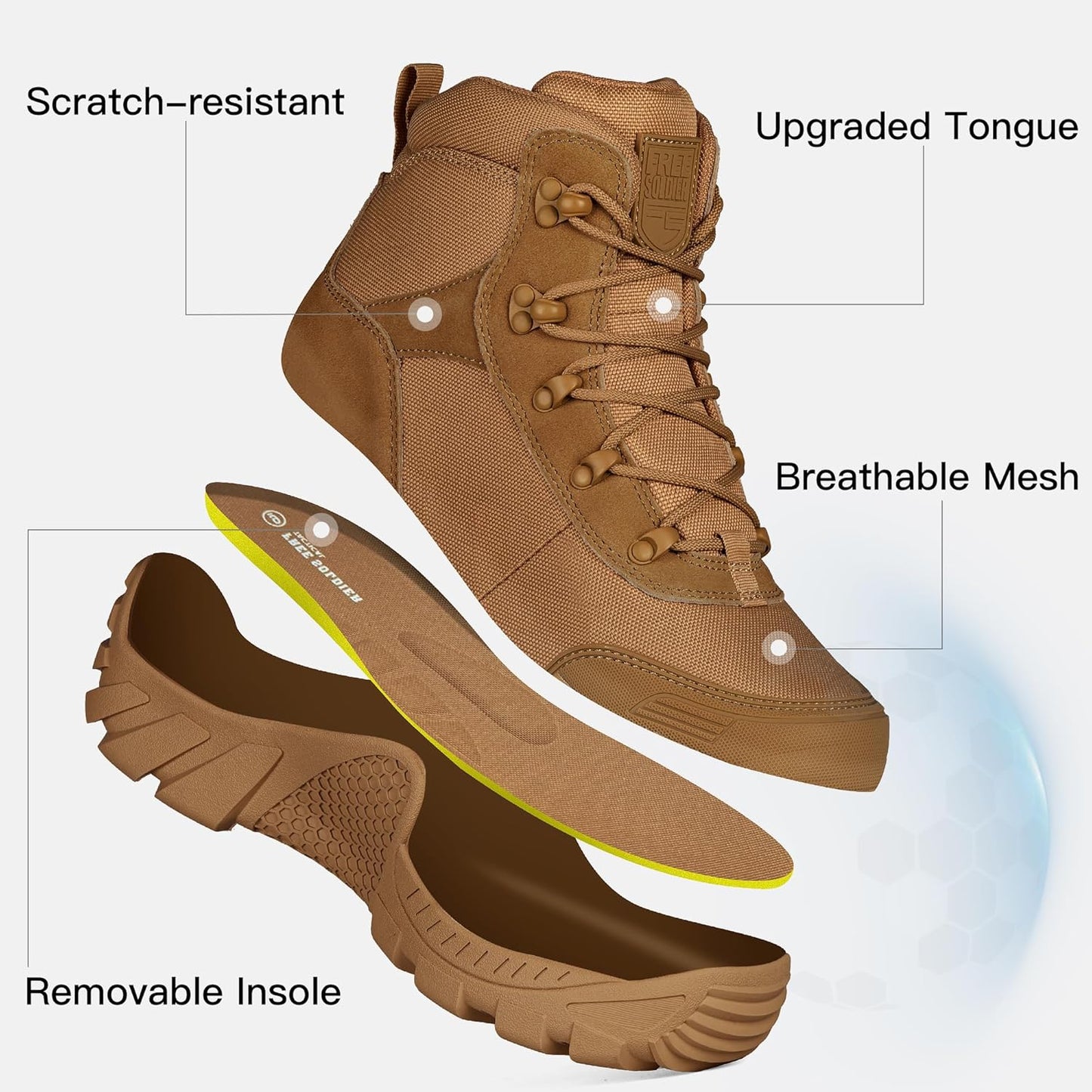 FREE SOLDIER Men's Waterproof Hiking Boots Tactical Work Boots Outdoor Lightweight Military Boots(Brown, US 11.5W)