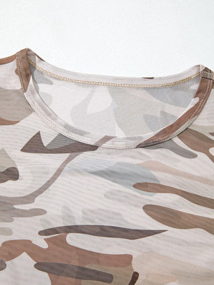 Camouflage Print Mesh Long Sleeve Top