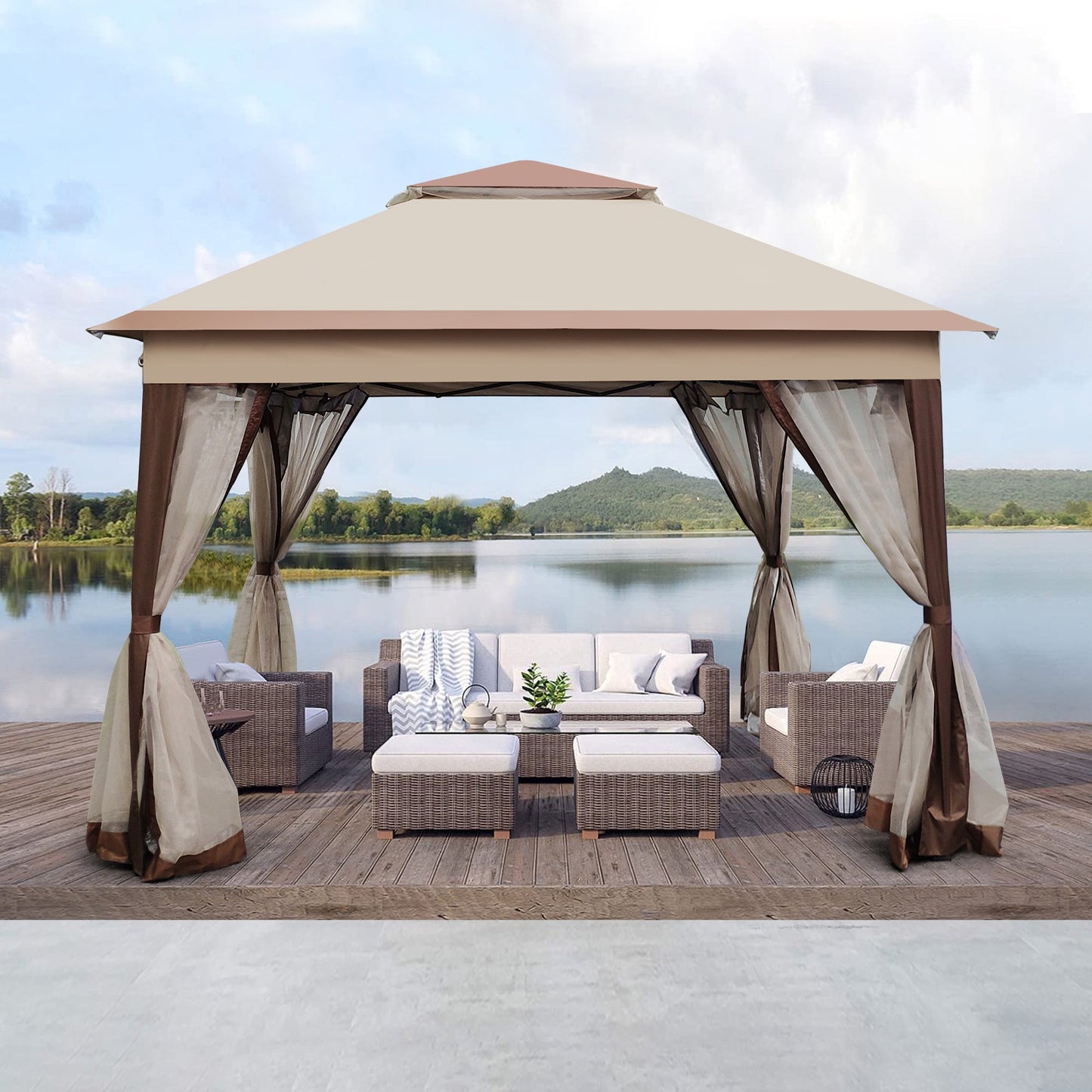 Canopy Gazebo Steel Coffee Pop-Up 11x11 Ft Double-Tier Mesh Sidewalls UV