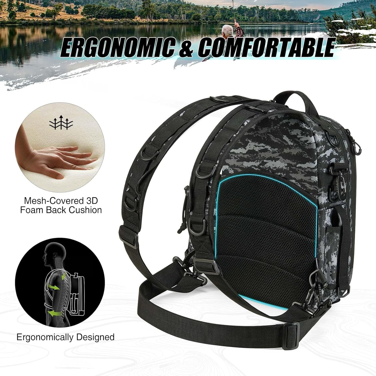Piscifun Fishing Backpack with Rod Holder, Lightweight Sling Bag Storge Gear and Equipment