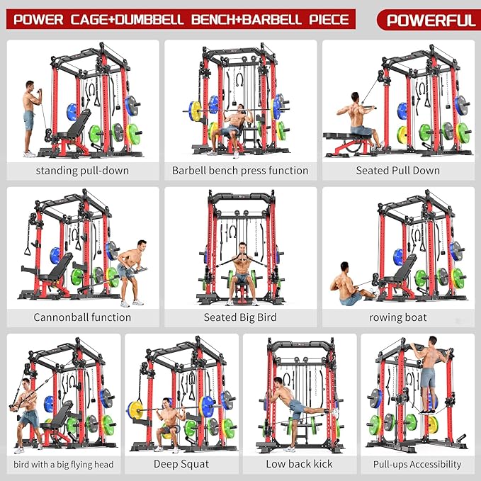 Power Cages Multi-Purpose Squat Rack with Cable Crossover System, Matching Weight Bench, Olympic Barbell Weight Set for Garage and Home Gyms