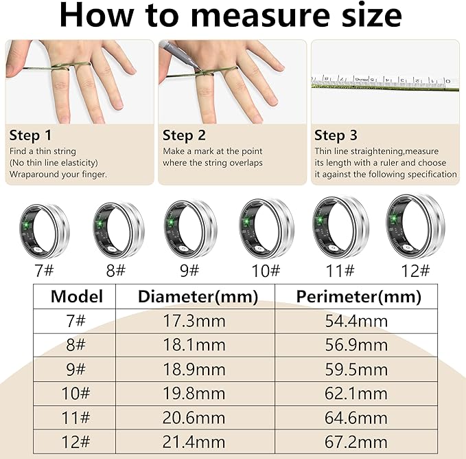 Thin Smart Ring for Fitness & Health Tracking -Pedometer,Sleep/Heart Rate/Blood Oxygen Monitor, Gesture Control / 5ATM Waterproof -No APP Subscription Compatible with Android& iOS (Silver, 7)