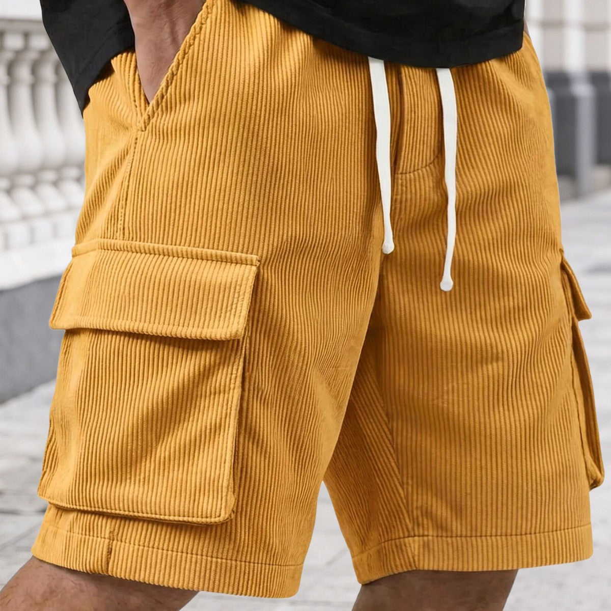 Corduroy Utility Shorts With An Elastic Waist And Drawstring