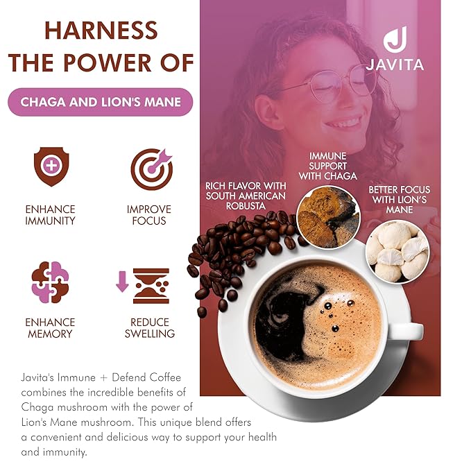 Mushroom Coffee by Javita, Immune & Defend Blend of Chaga, Lion's Mane and Dark Roast Coffee for Morning Boost, Antioxidant Support; Keto-friendly, 24 (3.5g) Sticks, 2 boxes