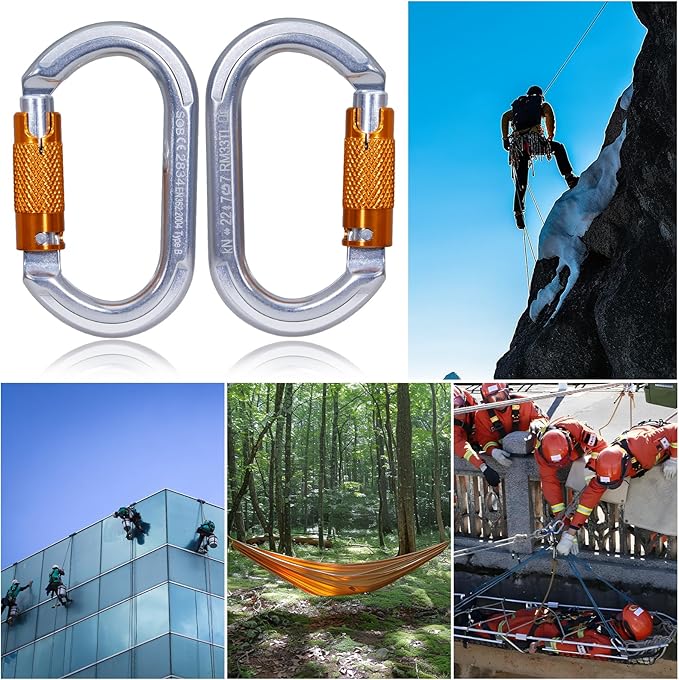Auto Locking Rock Climbing Carabiner Clips, Heavy Duty Asymmetrical Carabiner Connector Used for Rappelling Rescue Outdoor Climbing, Mountaineer, Hammock, Camping