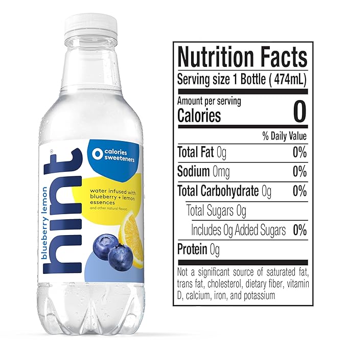 Hint Water Blueberry Lemon, Pure Water Infused with Blueberries & Lemons, Zero Sugar, Zero Calories, Zero Sweeteners, Zero Preservatives, Zero Artificial Flavors, 16 Fl Oz (Pack of 12)
