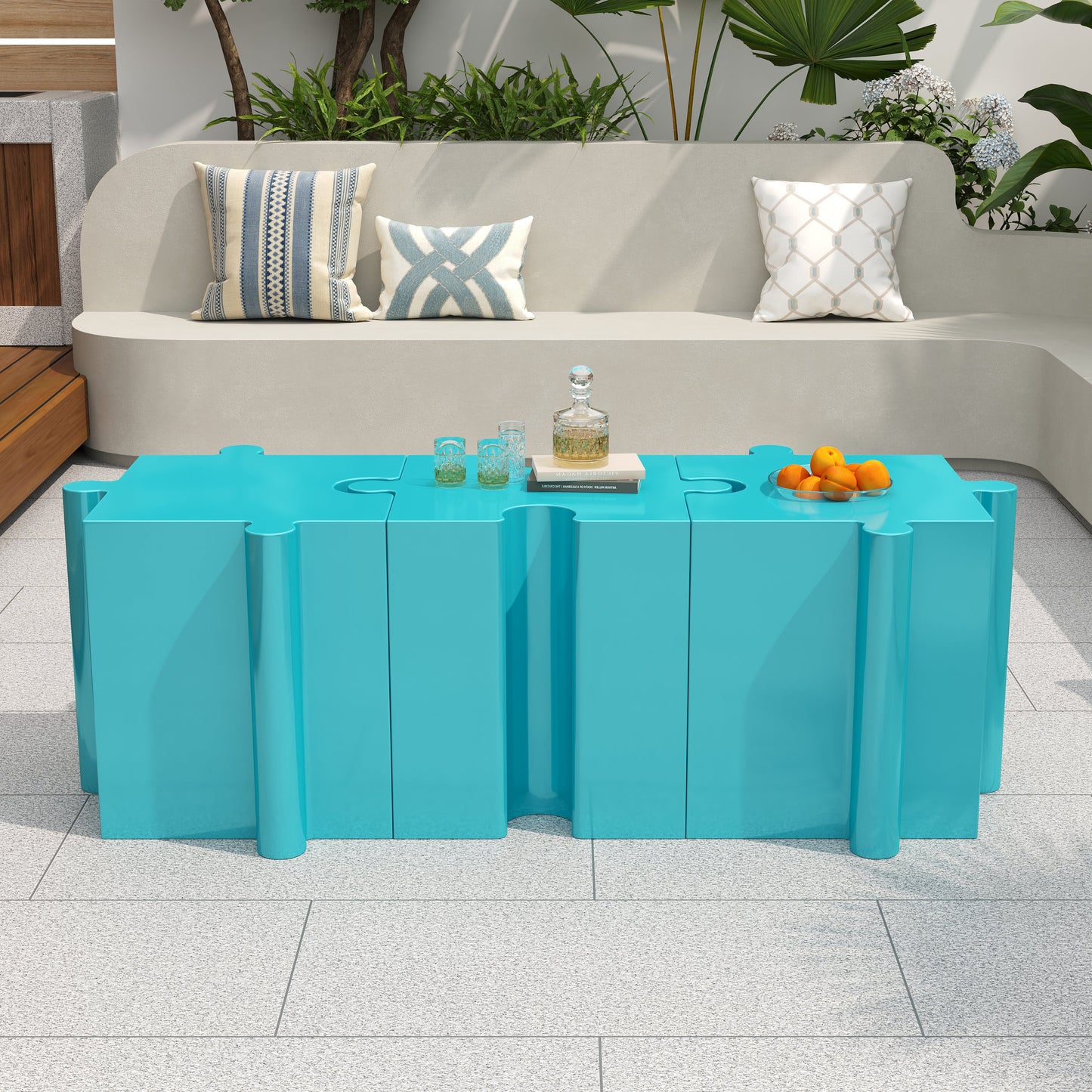 Puzzle Art Side Table Modular Convex Edge MGO Table Indoor and Outdoor Light Blue
