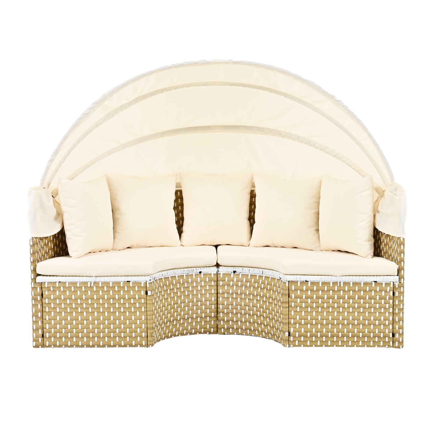 Outdoor Patio Round Rattan Daybed Sectional Beige Retractable Canopy