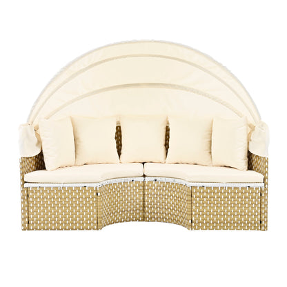 Outdoor Patio Round Rattan Daybed Sectional Beige Retractable Canopy