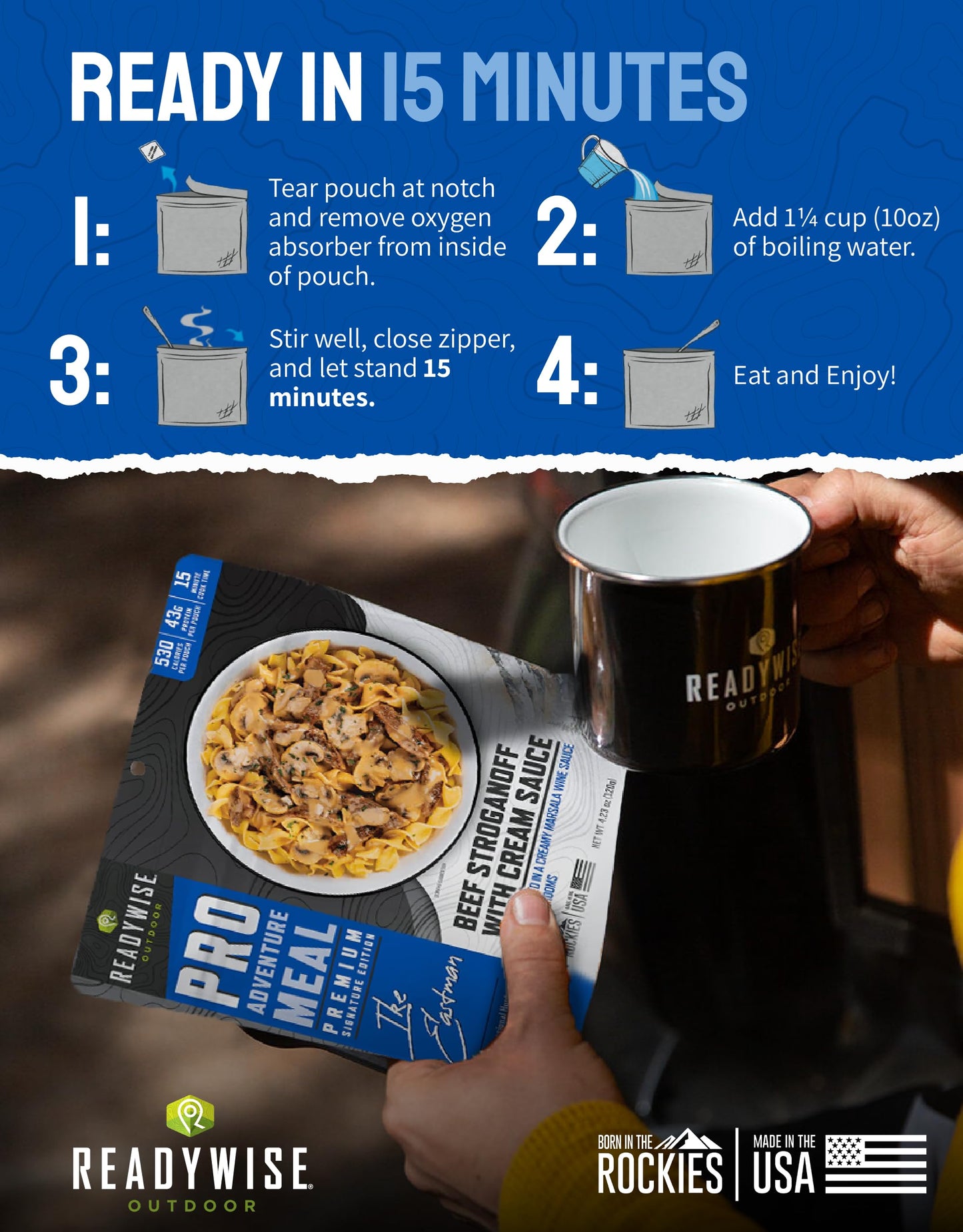 ReadyWise Outdoor Pro Adventure Meal - Breakfast Skillet, 2 Servings, 1 Pouch, Gluten Free, 700 Calories, 36g Protein, Freeze Dried Food & Dehydrated Backpacking Camping Meals, up to 5 Year Shelf Life